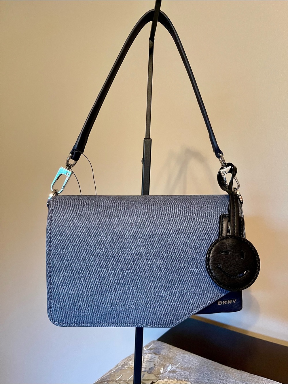 DKNY Blue Crossbody Shoulder Bag with Black Smiley Charm